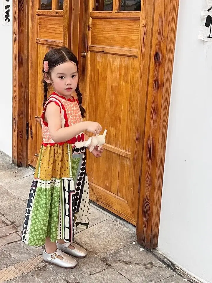 New Girls' Dress Summer Bohemian Vacation Ethnic Style Girls' Seaside Beach Multi Color Splicing Clothing Baby Girl Clothes