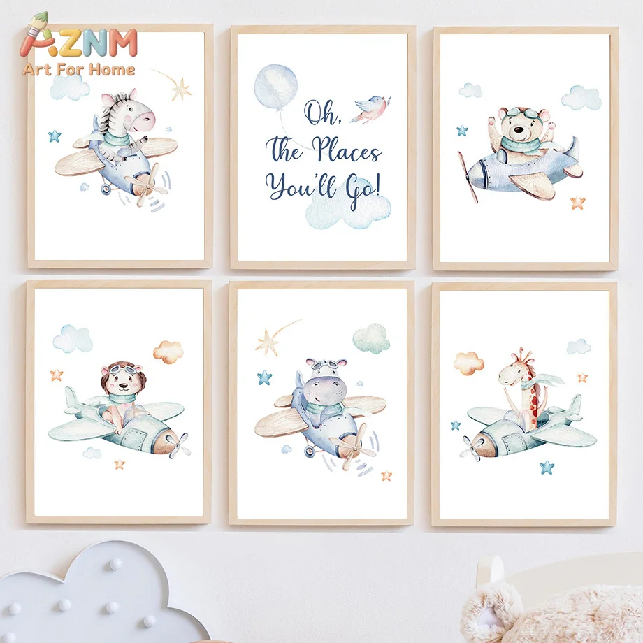 AZNM Watercolor Animal Airplane Canvas Print Zebra Bear Lion Hippo Giraffe Sky Quote Soft Kids Nursery Unframed Wall Poster Deco