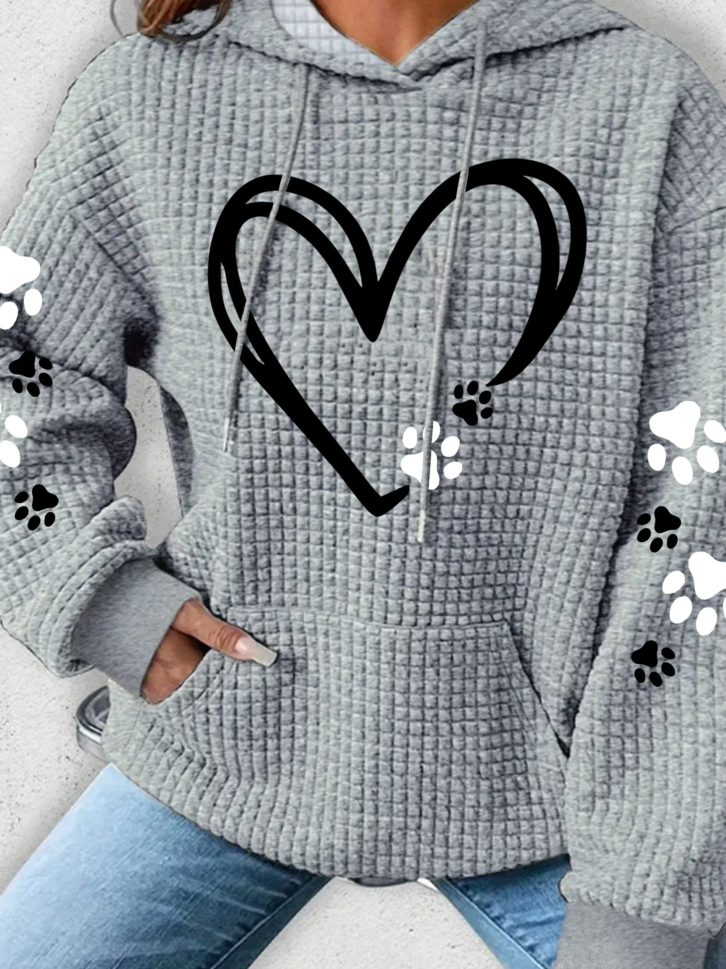 

Plus Size Women Clothing Waffle Knit Tops For Women Cat Paw Love Heart Printed Oversize Hoodies for Women With Pocket Sweatshirt