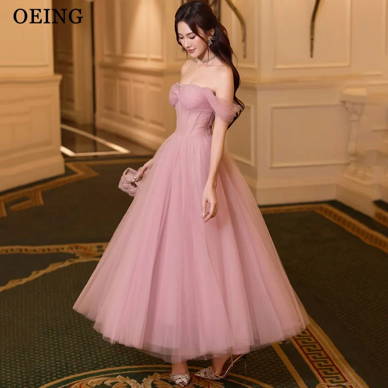 

OEING Elegant A-Line Prom Dress Off The Shoulder Draped Sleeveless Illusion Party Gowns Ankle-Length Evening Dress Customized