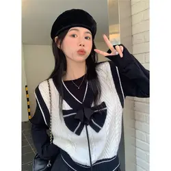 College Style Bow Contrasting Color Knitted Sweater Vest for Women's Autumn Winter Fashion V-neck Sleeveless Sweater for Women