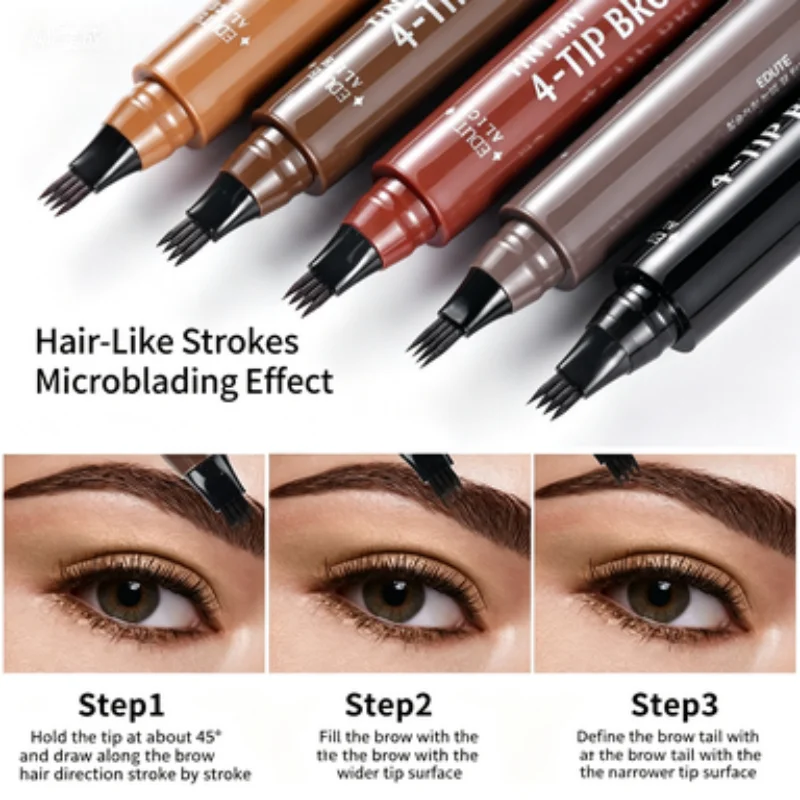 Qincai 4-Prong Liquid Eyebrow Pen, Waterproof Easy Color Rendering Brow Pen, Hair-Like Natural Wild Brow Micro 4-Tip Eyebrow Mak