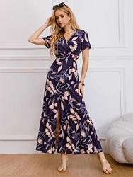 New Summer Split Long Dress For Women Fashion Floral Print V-neck Short Sleeve Elegant Ladies Dresses