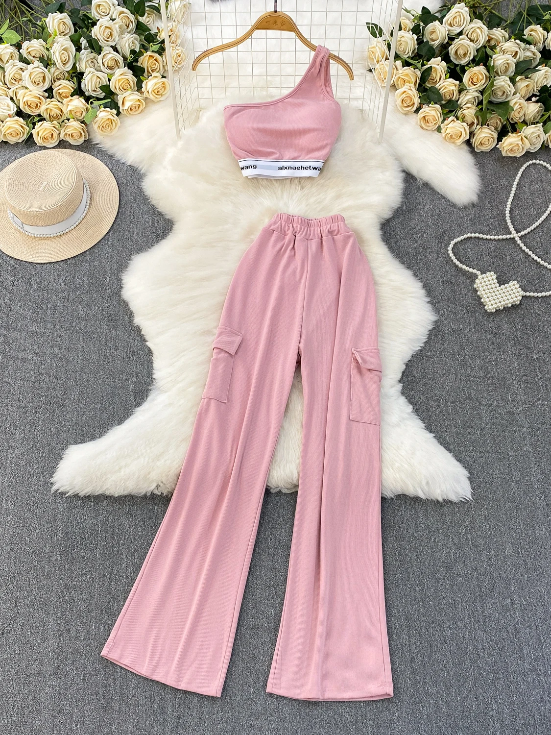 

Elastic Waist Knitted Vest High Waist Wide Leg Pants Set Pure Desirable Sexy oulder Design Letter Print Faionable Women's...