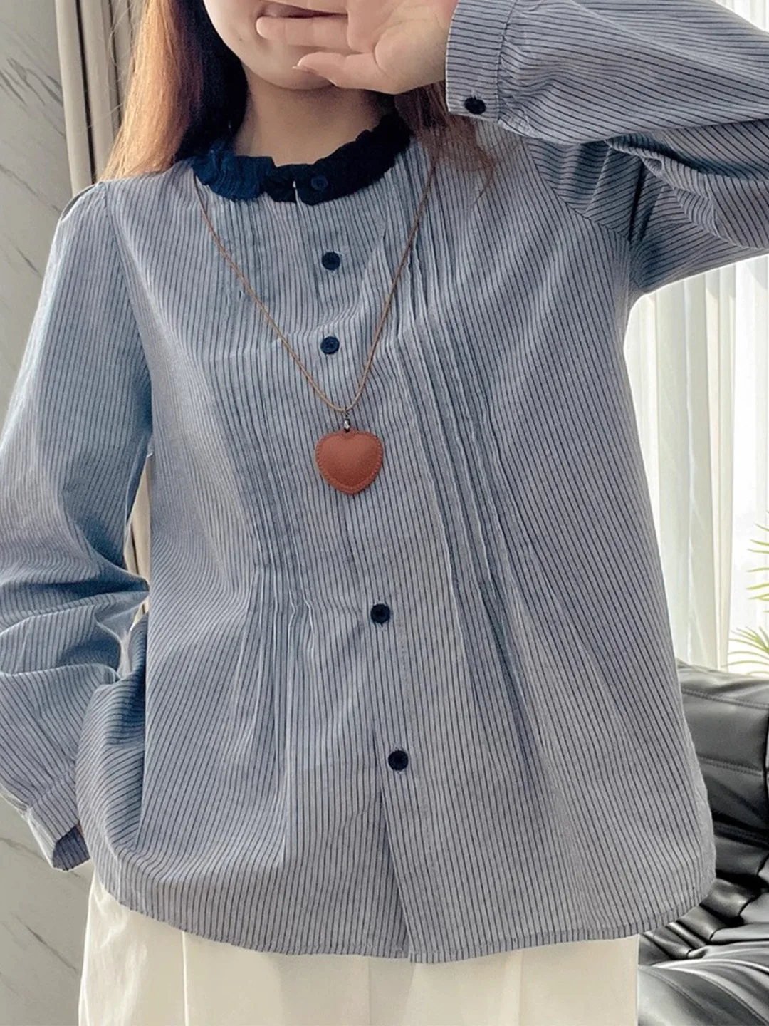 

Женский свободный крой в полоску с кружевным воротником, длинный све, дышащий хлопок, винтажный утягивающий дизайн на пуговицах, весна...