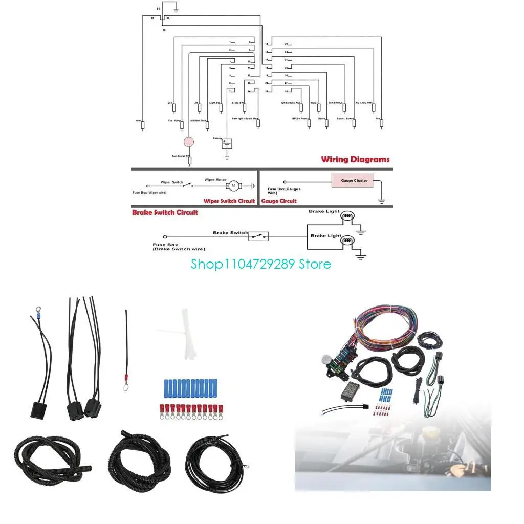 

D8KE 12V Voltage-Circuit Wiring Harness Kit 14 Circuit Wiring Harness Muscle Car Hot Rod Street-Rod Repairing Tool Universal