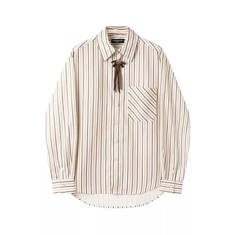 LUZHEN 2026 Spring New Necktie Decorate Stripe Printed Long Sleeve Shirts Men's Fashion Korean Style High Quality Clothes JY6573