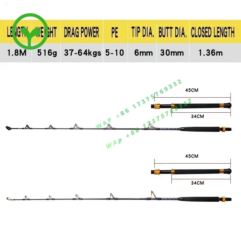 【2026】Lurekiller Strong Power Carbon Game Rod Trolling Rod 1.8M 37-64kgs Roller Guides/SIC Guides Deep Ocean Boat Fishin