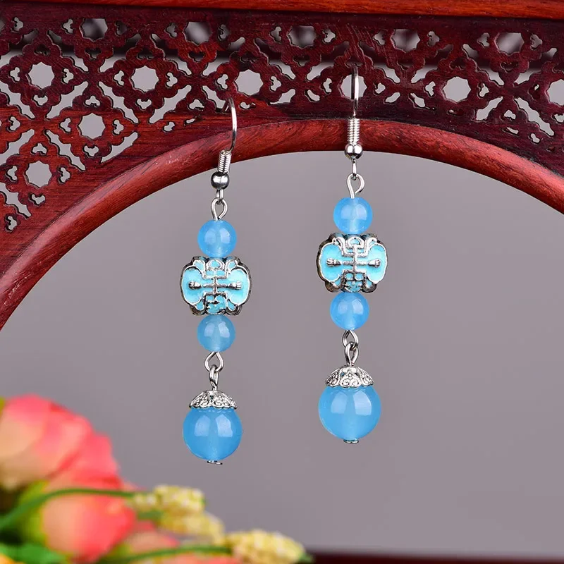 

Blue Jade Beaded Earrings Jadeite Carved Designer Jewelry Gifts Luxury Drop Chalcedony Women Natural 925 Silver Accessories