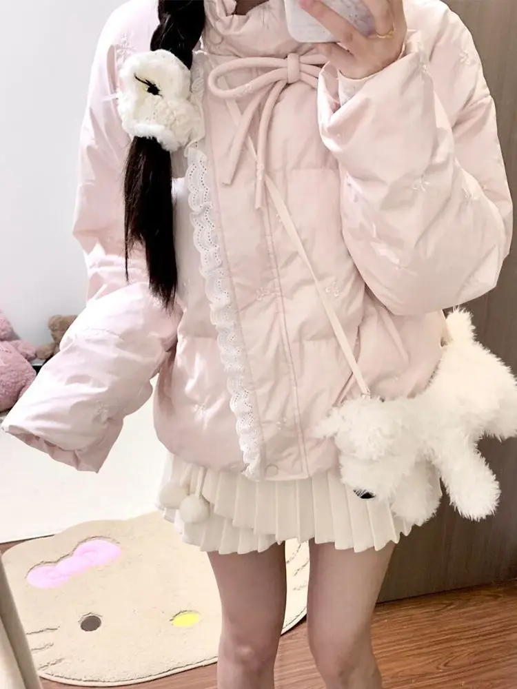 اليابانية الحلو الدافئة الوقوف طوق معطف الوردي المرأة الجديدة الدانتيل خياطة تصميم Kawaii القطن وسادة مبطنة موضة جديدة الملابس ضئيلة #1