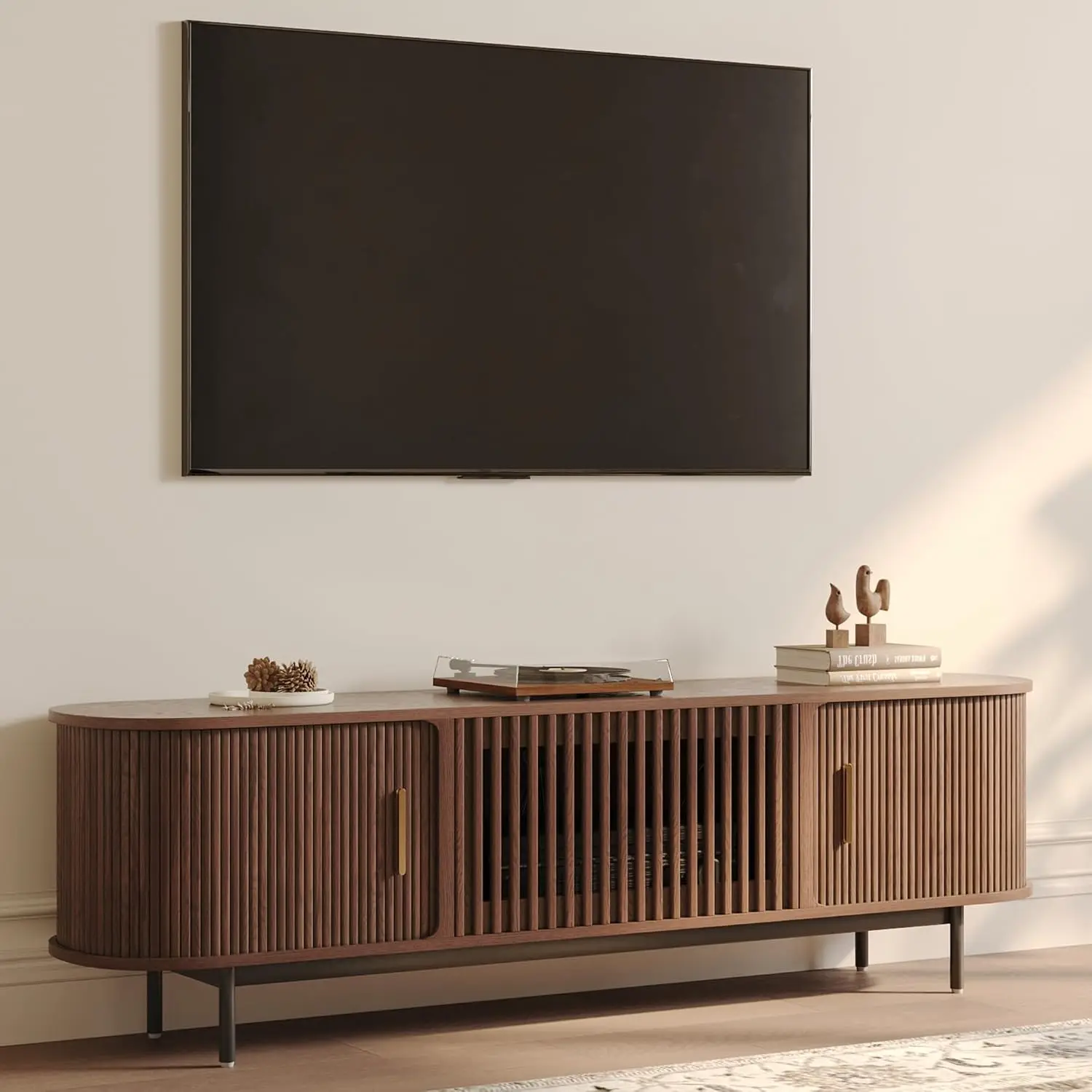 70.87" Wood Fully-Assembled Sliding Tambour Door TV Stand, Walnut