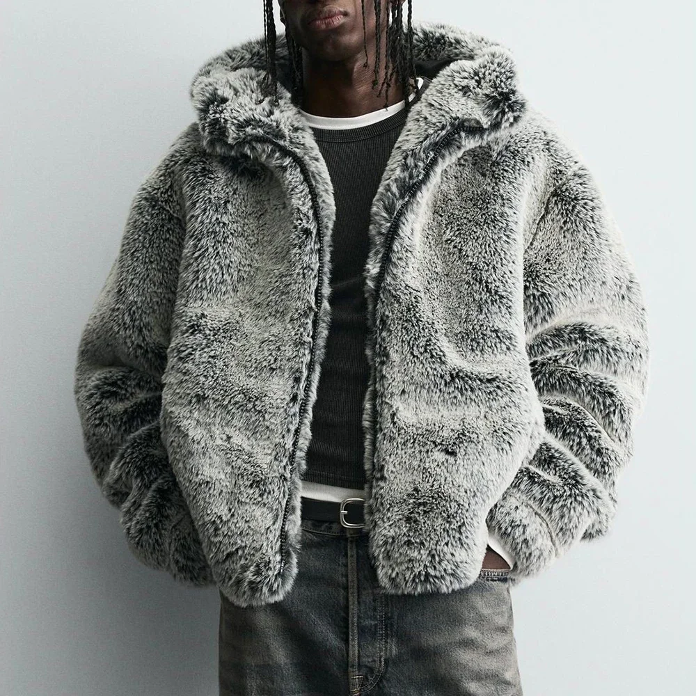 

Мужское модное зимнее пальто из искусственного меха, теплая ветрозащитная куртка с капюшоном, толстая термопарка, верхняя одежда для мужчин