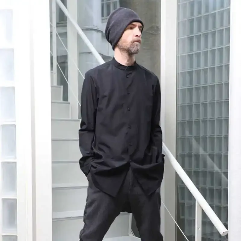 

YOJI OOAK японская винтажная рубашка с воротником-стойкой, мужская простая черно-белая рубашка с длинными рукавами, повседневная китайская рубашка с воротником-стойкой