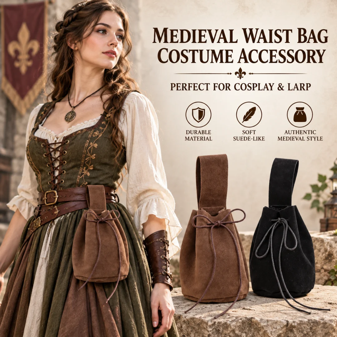 Halloween Medieval Drawstring Waist Pouch Vintage Suede Belt Bag LARP Cosplay Party Dress-up Costume Accessory