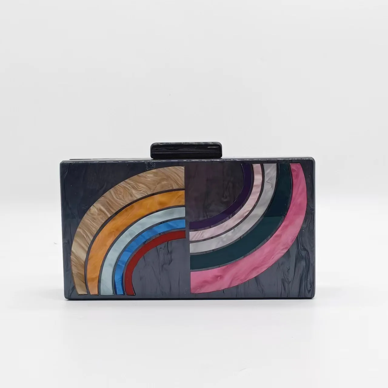 Fashionable Ladies Evening Clutch Acrylic Bag with Pearlized Finish and Colorful Stripe Splicing for Shoulder or Cross-body Use