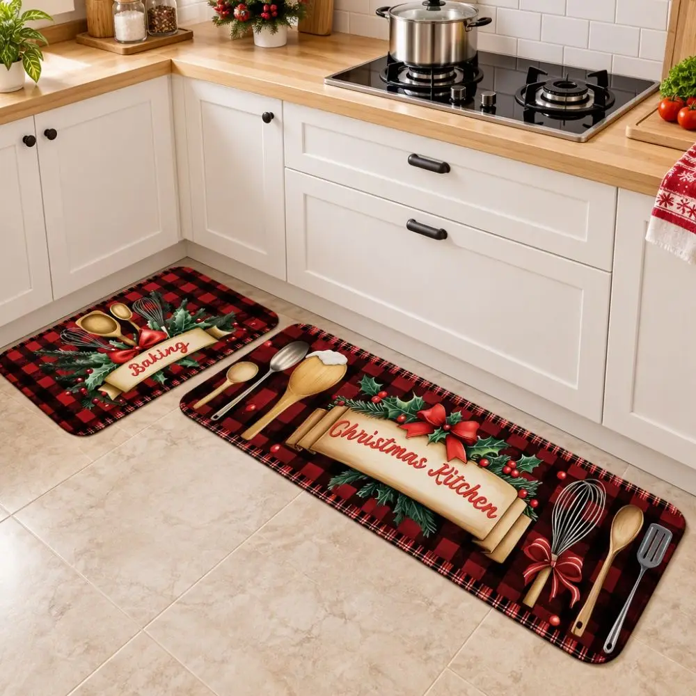 2 Pcs Diatomaceous Earth Christmas Kitchen Rug Set Non Slip Water-absorbent Xmas Holiday Rug Rectangular Wear-resistant