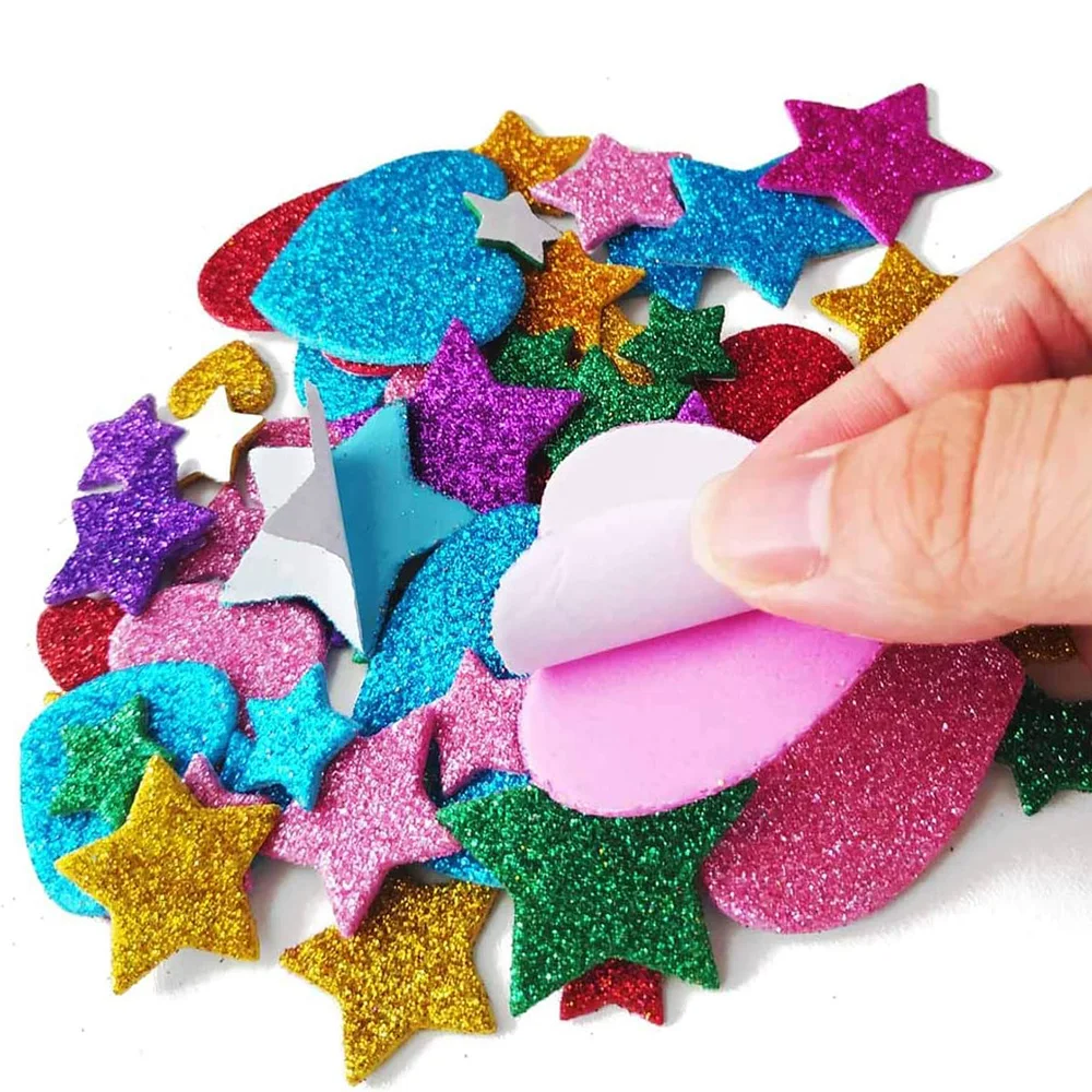 Kids Glitter Foam Stickers Self-Adhesive Sparkle Heart Star Stickers for DIY Greeting Cards Scrapbooking Home Decor Envelopes