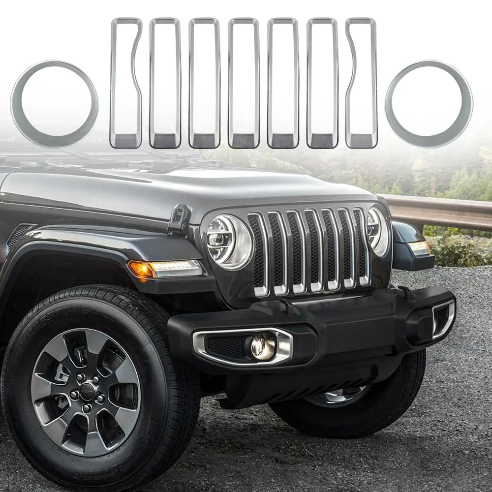 Parrillas de coche, cubierta decorativa de rejilla frontal de malla, pegatina embellecedora de marco de faro para Jeep Wrangler JL Sahara Rubicon 2018-2022