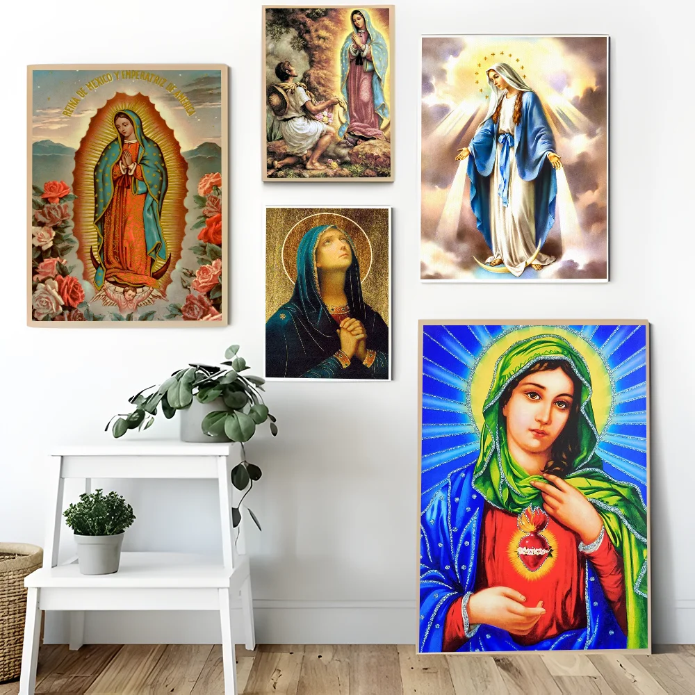 

Virgin Mary Heart Christian Self-adhesive Poster Fancy Wall Sticker for Living Room Bar Decoration Vintage Decorative Painting