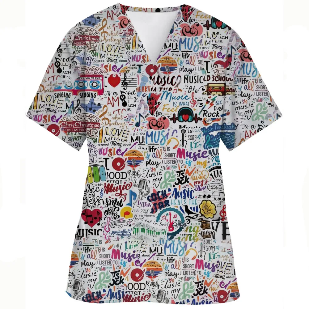 Verpleegkundige Uniform Vrouwen Werkkleding Scrubs Top Met Twee Zakken Grafische Print V-Hals Medische Korte Mouw T-Shirts Blouse