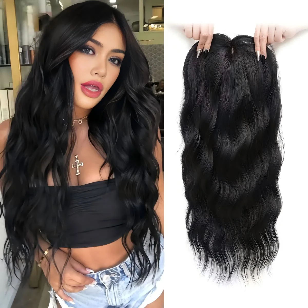

The black wig made synthetic fiber, which can cover white hair make the top the head look fluffy. It is suitable daily outings