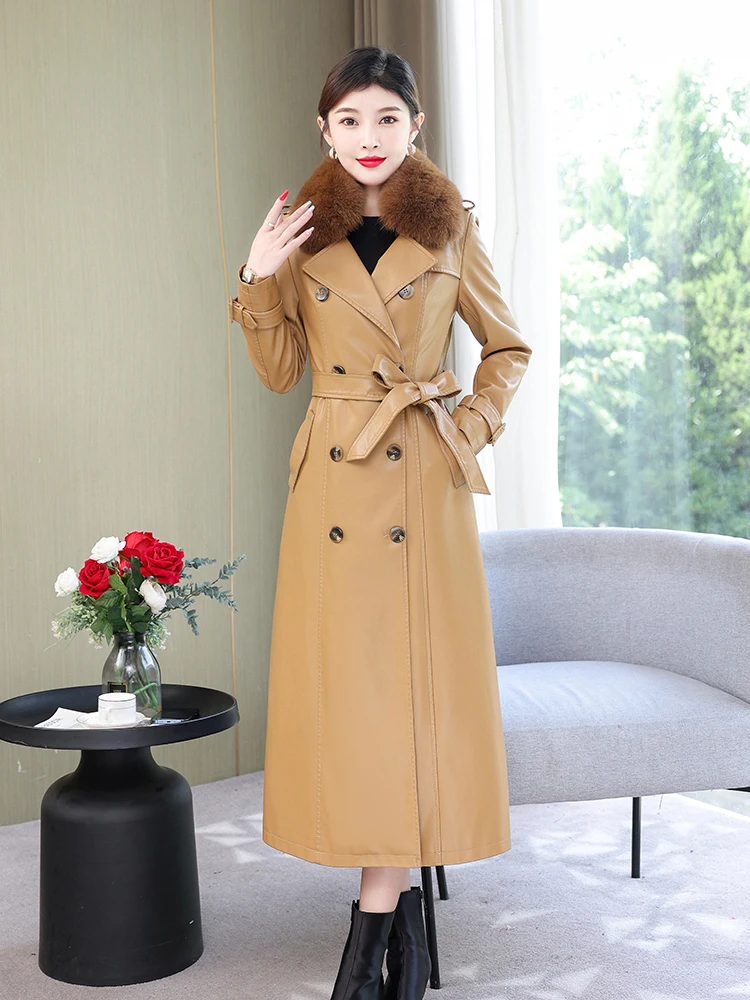 

Haining Genuine Leather Coat Women's Mid-Length Slim Fit Over-Knee Winter New Fur Collar Sheepskin Windbreaker Jacket