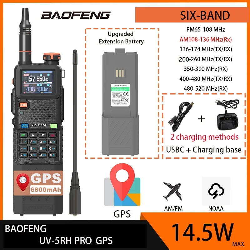 Baofeng UV-5RH PRO GPS 14.5W Air Band Walkie Talkie Wirless Copy Frequency Six Band 6800mAh USB C NOAA Long Range Two Way Radio