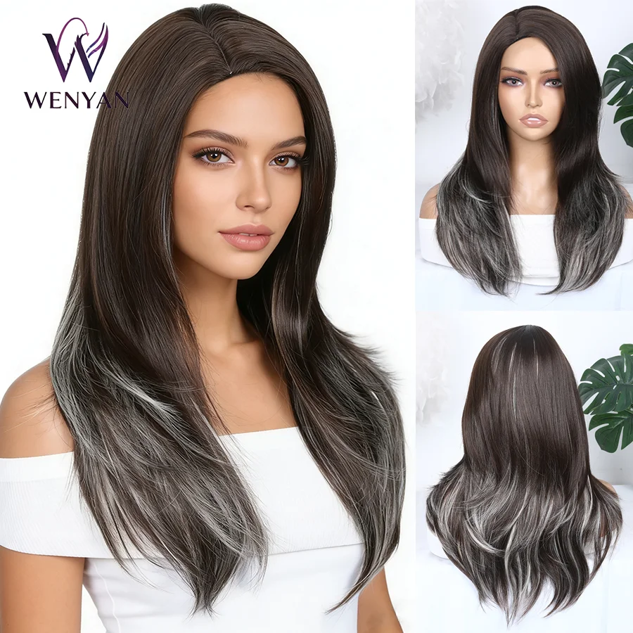

20inch Ombre Brown to Silver White Straight Wig Medium Length Synthetic Hair Wig for Daily Party Cosplay