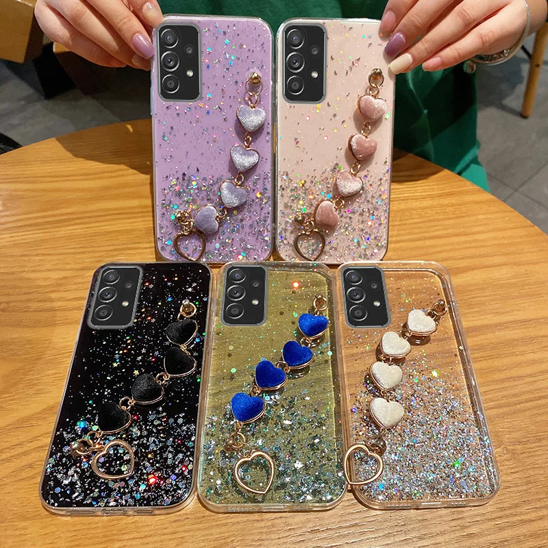 Bling Lấp Lánh Trái Tim Sang Trọng Dây Vòng Tay Ốp Lưng Điện Thoại Sansung Galaxy A52 A32 A72 A12 A13 A33 A51 A31 a21S Cổ Tay Da