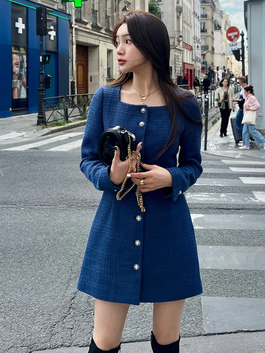 Vestido Curto de Gola Quadrada e Cintura Alta F Novo Estilo Coreano de Outono Moda de Rua Efeito Emaecimento Estilo ...