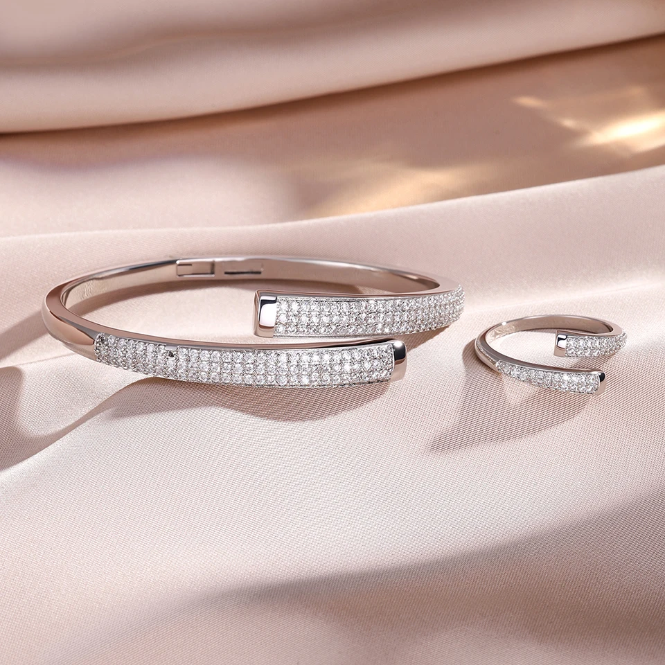 Yupsk Neues luxuriöses, elegantes, silberfarbenes, goldfarbenes Kupfer-Armband-Ring-Set für Frauen, funkelnder, brillanter Zirkon-Schmuckzubehör – Detail 5