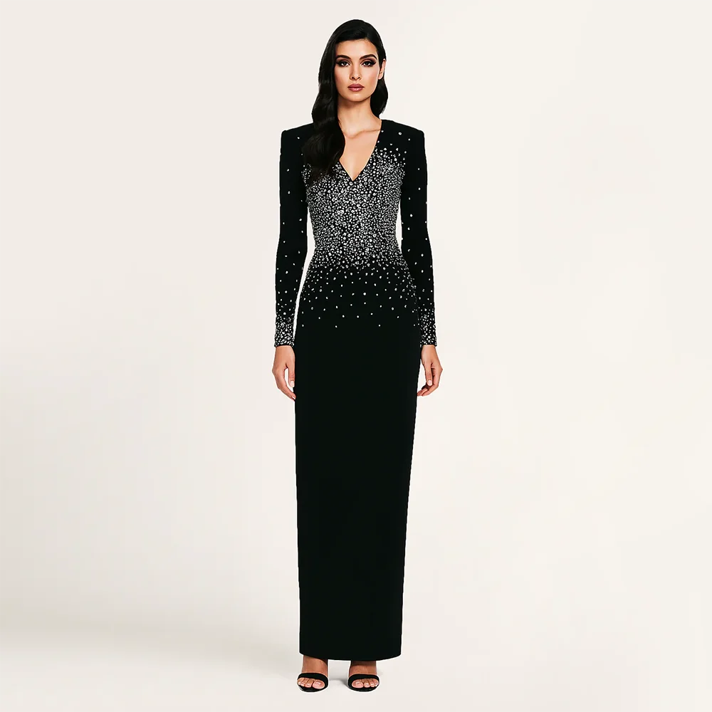 Proste czarne sukienki wieczorowe z dekoltem w serek, długie, z kryształami, w kształcie litery A, suknie balowe szyte na miarę, długość do kostek, sukienki na przyjęcie, model 2026.