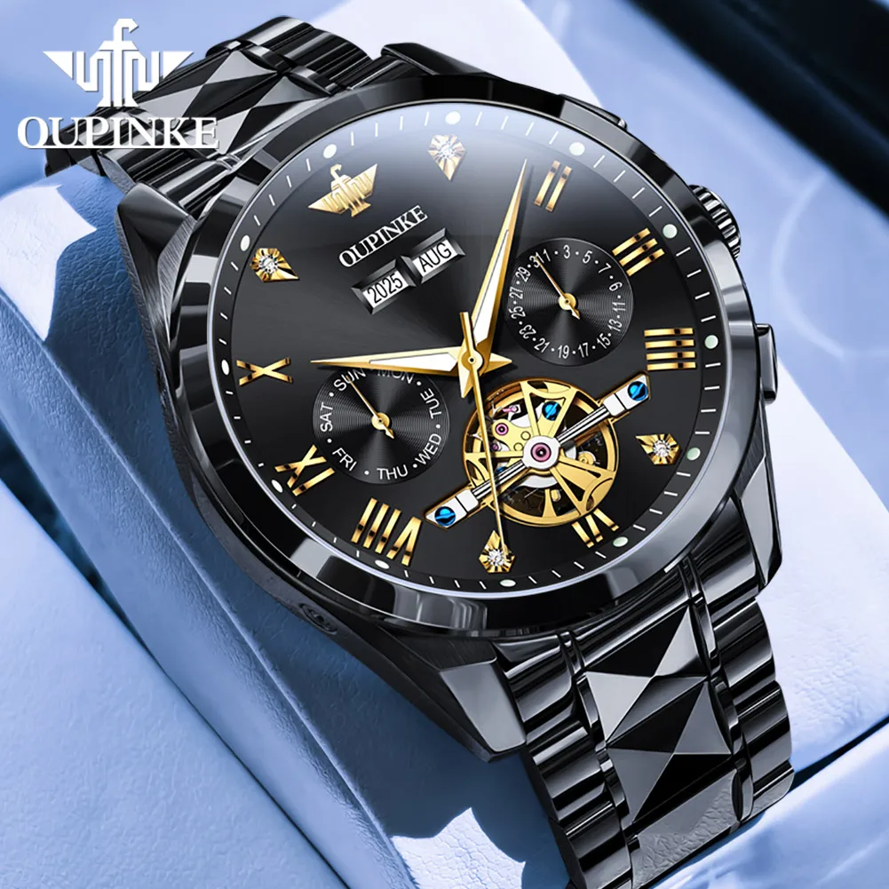 OUPINKE 3240 Skeleton Herrenuhren 50 m wasserdicht automatische mechanische Uhr Saphir leuchtendes Datum Wolframstahl Markenuhr 5