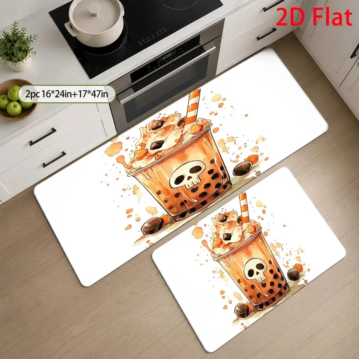 1pc, 2pcs, 3pcs, 2D Flat Kitchen Floor Mat Set, Skull Themed Bubble Tea Artistic Floor Mat, Spooky Halloween Design Decorative Rug, Easy-to-Clean Bathroom Rug, Suitable for Kitchen, Bathroom, Laundry Room, Dining Room, And, 2D Flat
