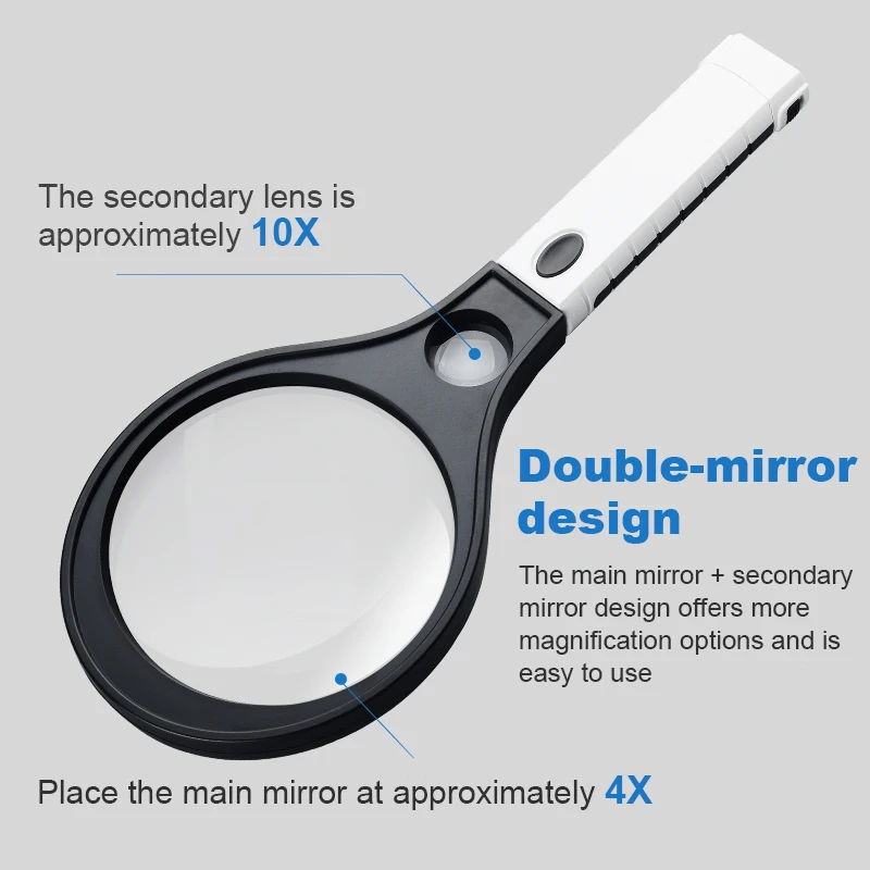 Rakieta ręczna z białym światłem LED i fioletowym światłem, duża lustrzana powierzchnia i 4-krotnie powiększające szkło do czytania