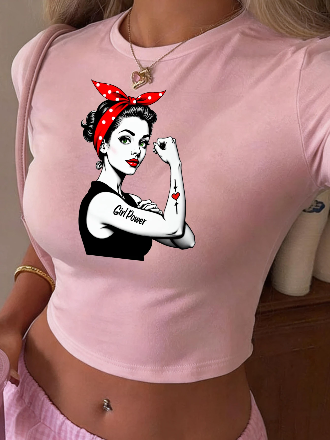 Retro Pin-Up Style, Women's T-Shirt, Girl Power Rosie The Riveter Graphic, Summer Casual Wear, Gift For Feminist Friends