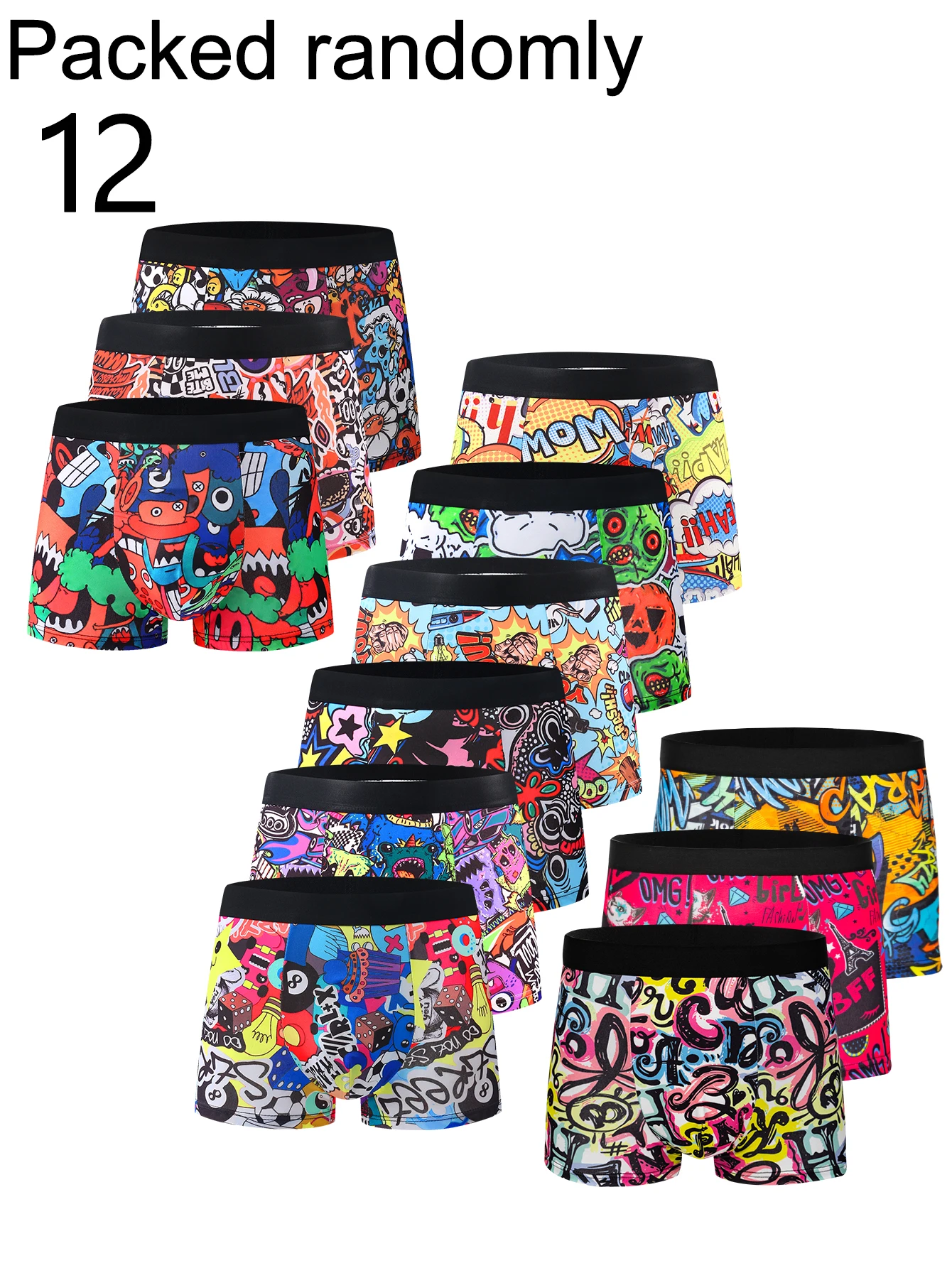 12-Pack Men's Cartoon Monster Graffiti Print Boxer Shorts Trendy Cool Comic Youth Male Briefs Fashion Casual Style Random Shippi