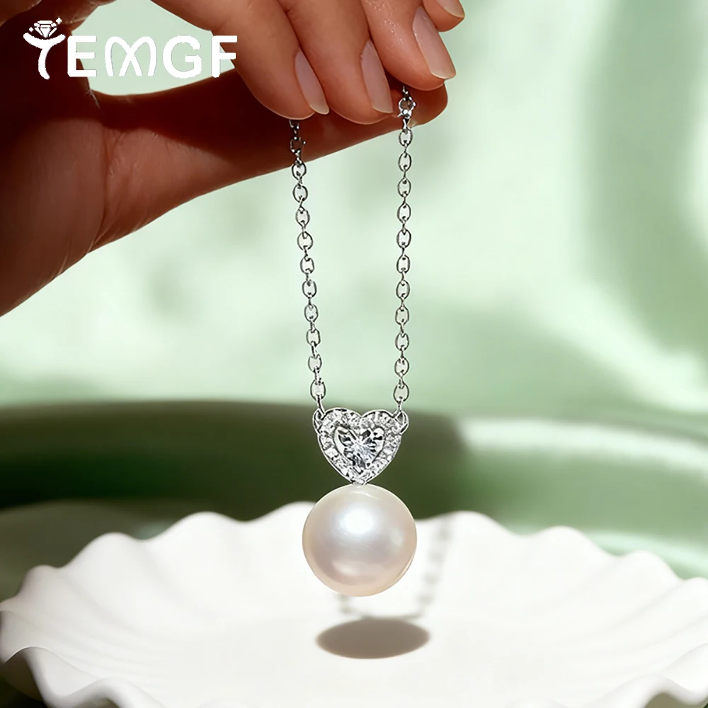 

TEMGF S925 Sterling Silver Necklace 3mm Moissanite Freshwater Pearl Heart-shaped Pendant for Women Fine Elegant Jewelry Gifts