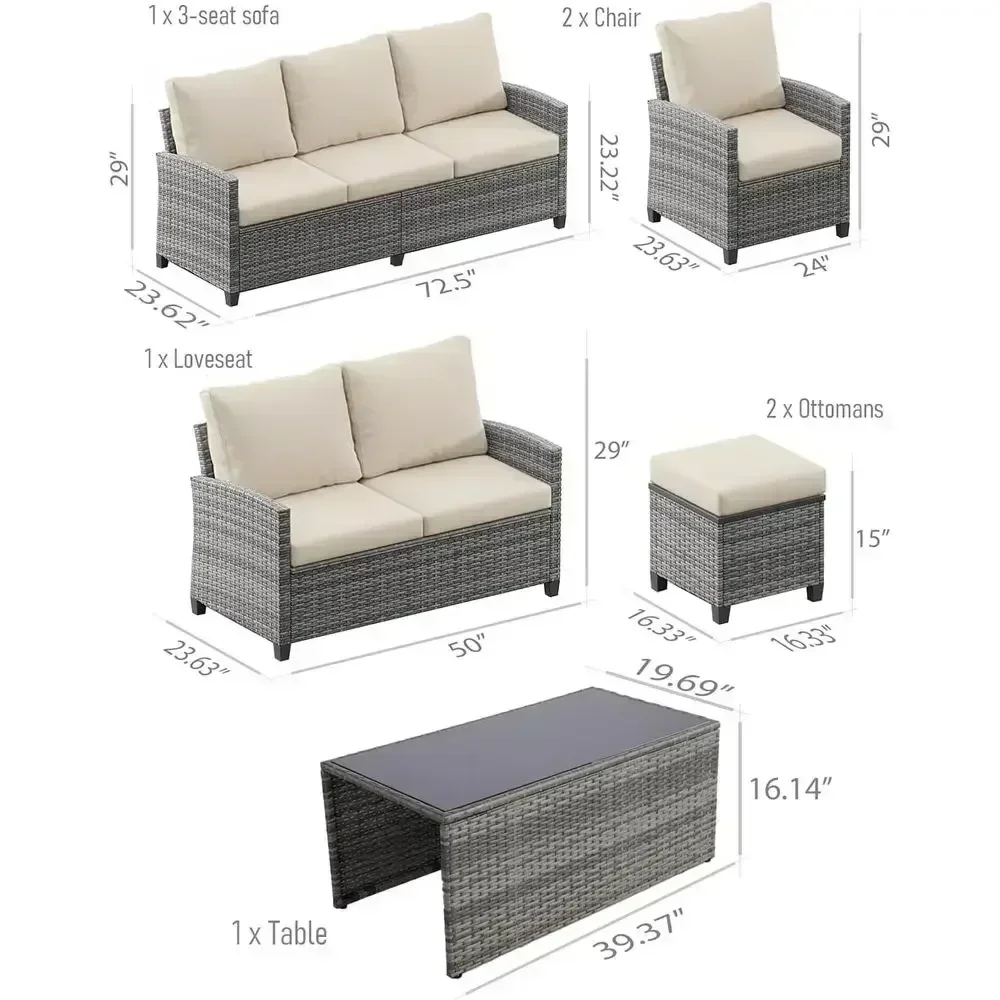 Gray & Beige 7-Piece Outdoor Patio Furniture Set, Waterproof Rattan Garden Balcony Backyard Pool