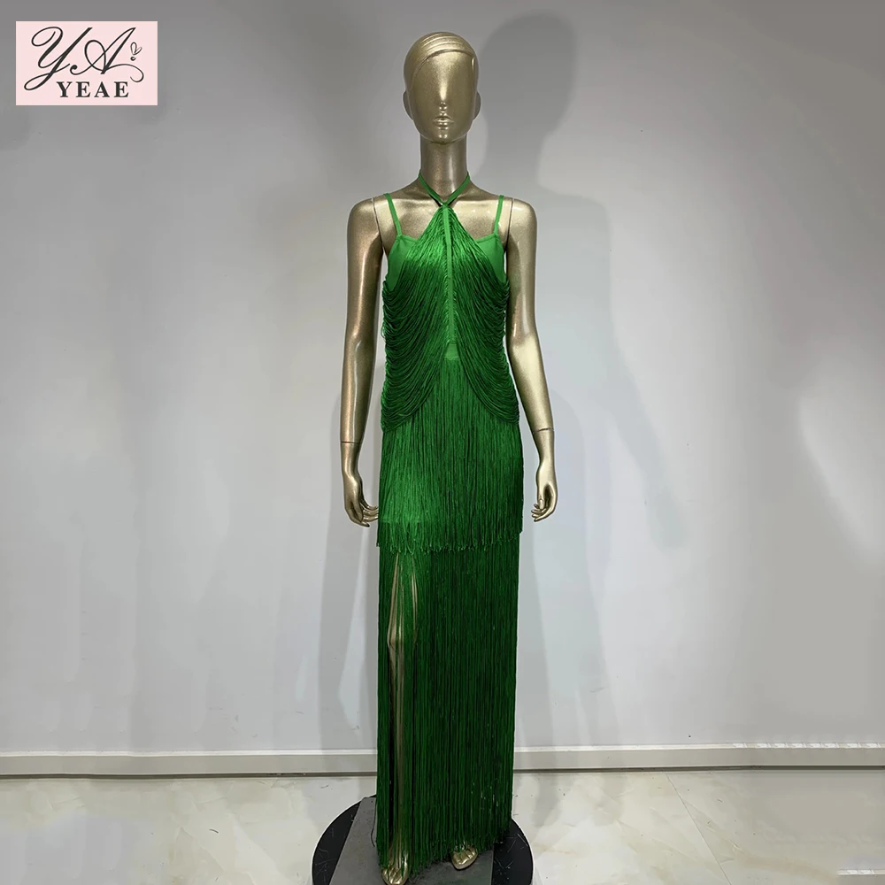 2024 New Women\'S Green Sexy Sleeveless Tight Fringe Long Bandage Dress Elegant Celebrity Party Evening Dress