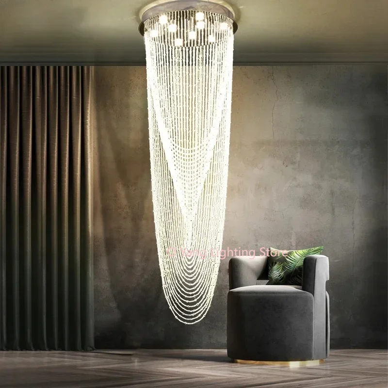 LED Hanging Wire Crystal Lamp Duplex Staircase Circular Modern Minimalist Cone Living  Dining Room Hotel Engineering Lamp