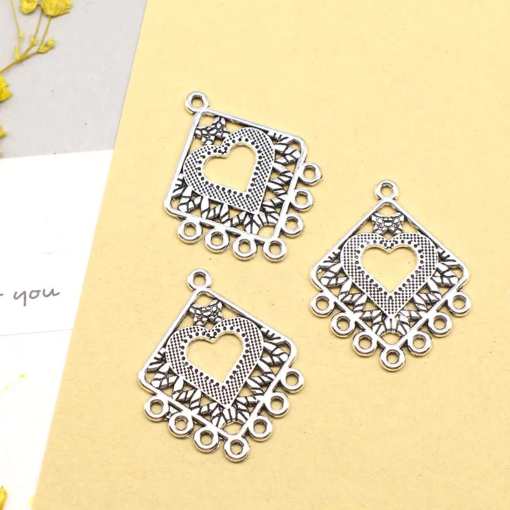 Women Jewelry Antiqu Earring Connector Love Heart Antique Silver Color Couple Pendants 25x31mm 5pcs