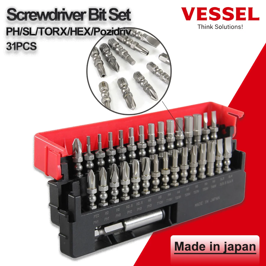

VESSEL 31pcs Replacement Screwdriver Bit Set Includes Magnetic Extension Bit with Slide Case Multi Size Bit Set No.IB31