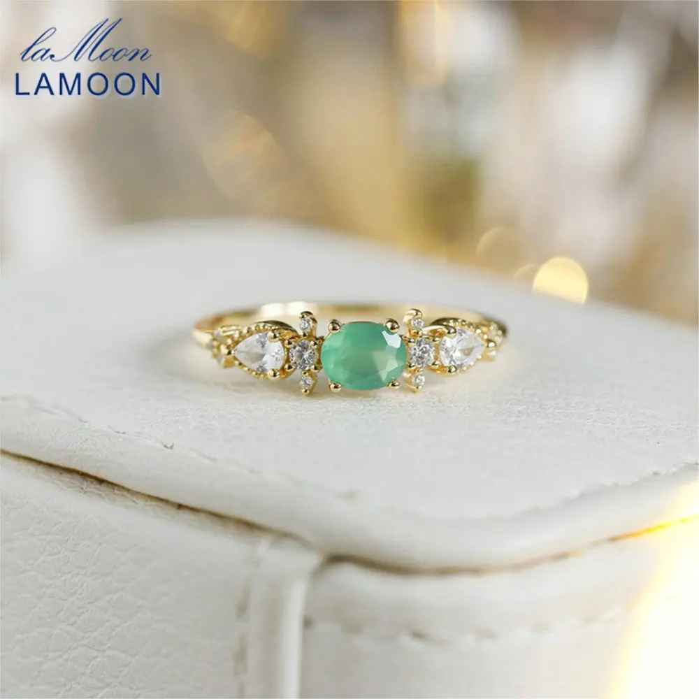 

Винтажное кольцо LAMOON с натуральным зеленым халцедоном для женщин, роскошное элегантное кольцо из стерлингового серебра 925 пробы, позолоченное 14 карат, ювелирное изделие, подарок