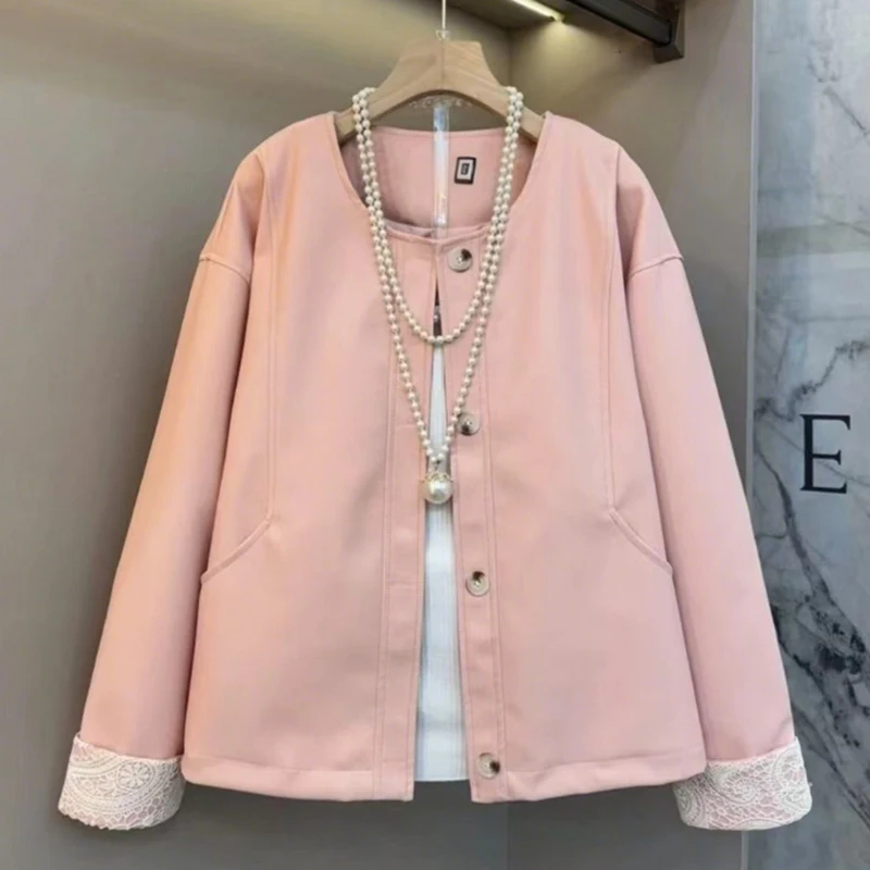 Round Neck Women Leather Jacket Spring Autumn Lace Patchwork Sleeve Casual PU Jacket Loose Solid Color Fake Leather Outerwear