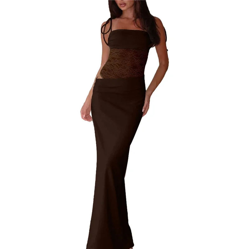 ABRT-Vestido maxi feminino com recorte de emenda de renda, gola quadrada, sem mangas, bodycon, vestido longo com espartilho transparente