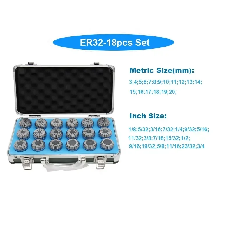 Hot Selling ER32 Collets Set From 1/8'' to 3/4'' Inch Size 18pcs Spring Collet DIN6499B 0.015mm Er Collet for CNC