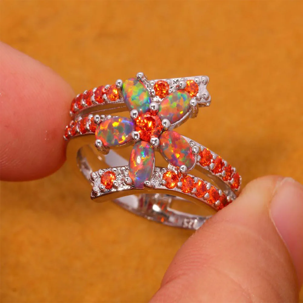 Orange Opal Rings With Stone Silver Plated Droplets Garnet Filled Ring Luxury Big Bohemia Boho Jewelry Female