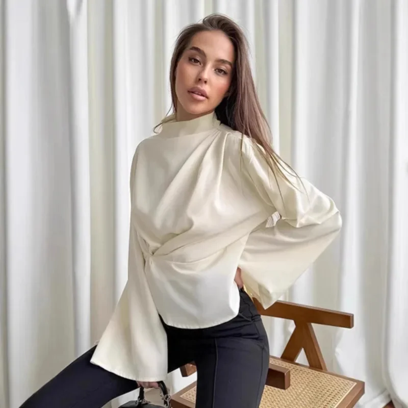 Chiffon Shirt For Women Fashion Pleated Long Sleeve Round Neck Pullover Casual Office Lady Elegant Blouse Stylish Tops For Work