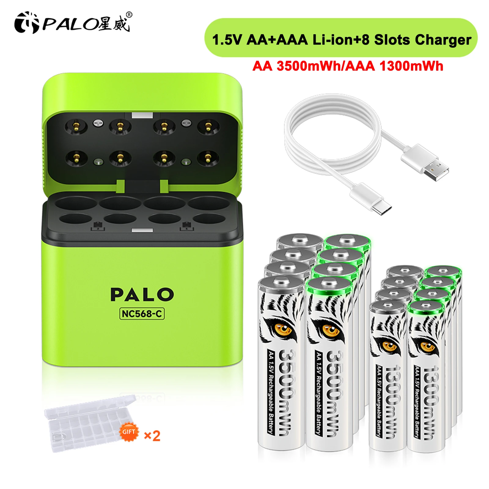 

PALO AAA and AA Rechargeable Batteries Lithium-ion 3500mWh 1.5V AA+1300mWh AAA Li-ion Battery with 8 Slots Smart Charging Case